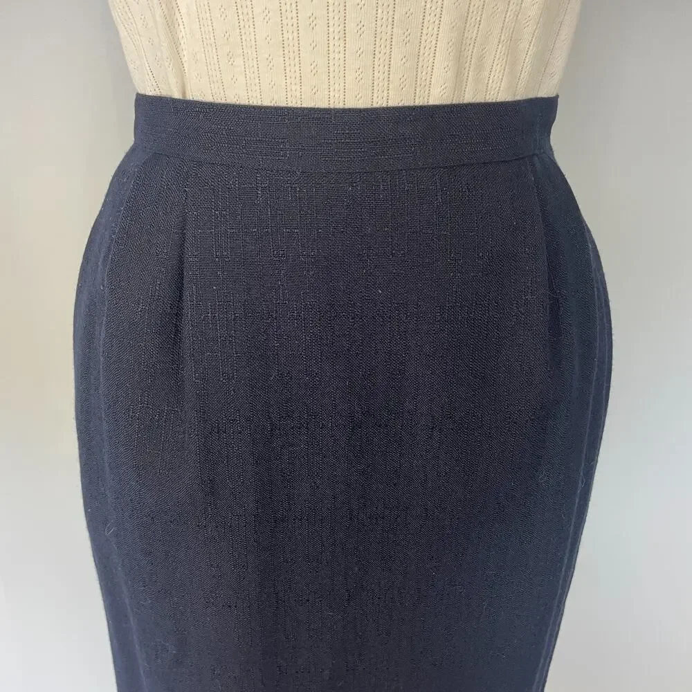 Vintage Midi Skirt Size 10 Navy Blue Minimal Secretary Retro High Rise 80s 90s